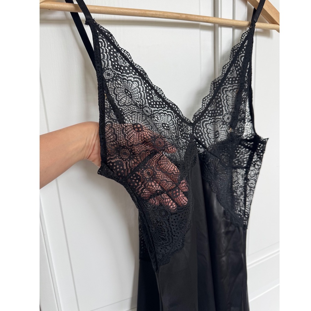 Black Satin and Lace Chemise Sheer Nightgown Mini Slip Dress‎ - Picture 5 of 9